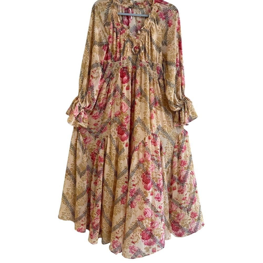 Free People Multicolor Floral Boho Maxi Dress Smocked Waist XS - Picture 8 of 16
